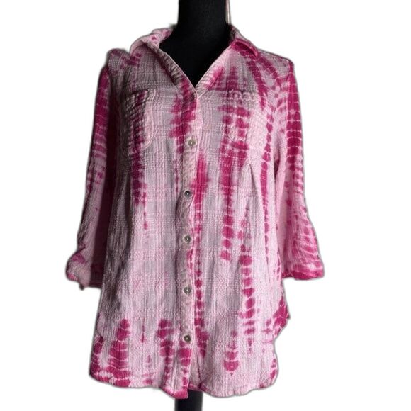 khaki Tops - KHAKIS & CO WOMANS PXL Pink Tie Dyed button long sleeve Gauzy SHIRT